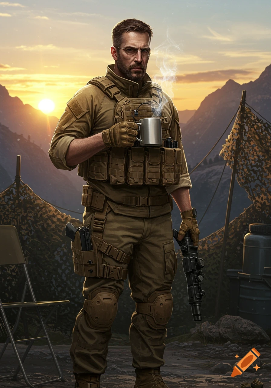 A photorealistic depiction of a bearded special forces member in military gear, holding a steaming coffee mug and a rifle, at a mountain camp during sunset.