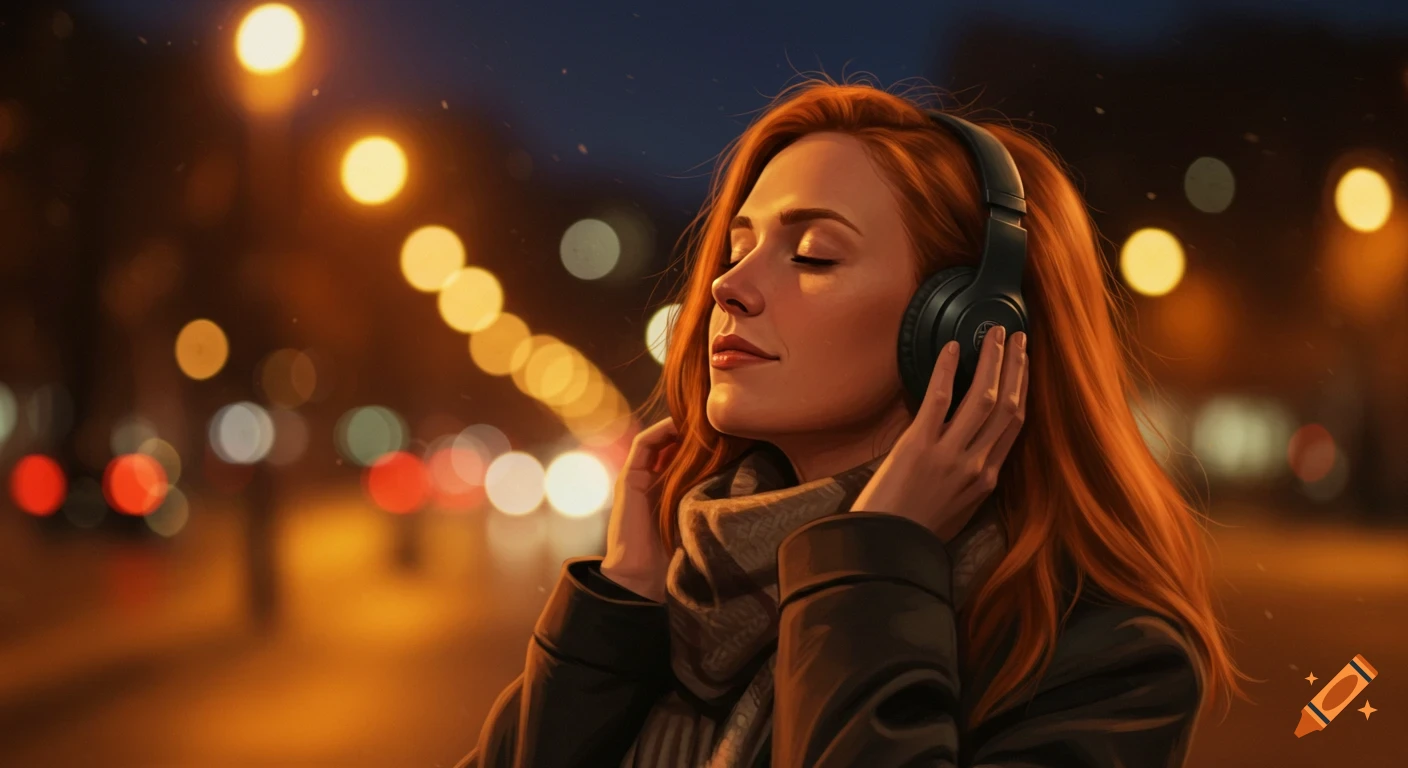 A red-haired woman with closed eyes, wearing headphones, stands against a blurry cityscape at night. Digital art.