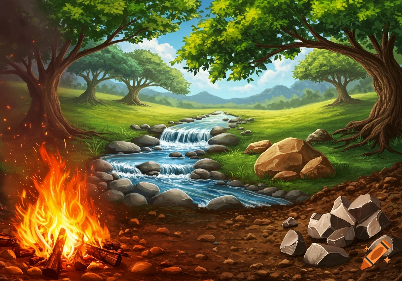 A vibrant illustration of a natural landscape with a river, green trees, and a campfire burning on the left.