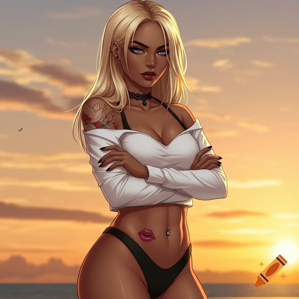 Anime olive-skinned woman with blonde hair and blue eyes, frowning with arms folded, wearing a white crop top and black bikini bottoms against a sunset background.
