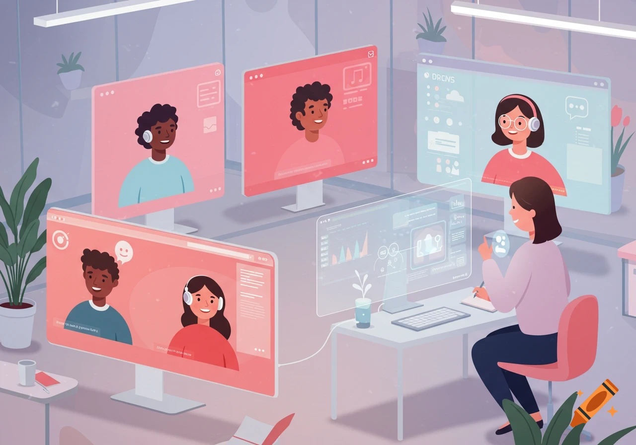 A woman works at a desk with a holographic computer, surrounded by large screens showing illustrated people in an online meeting.