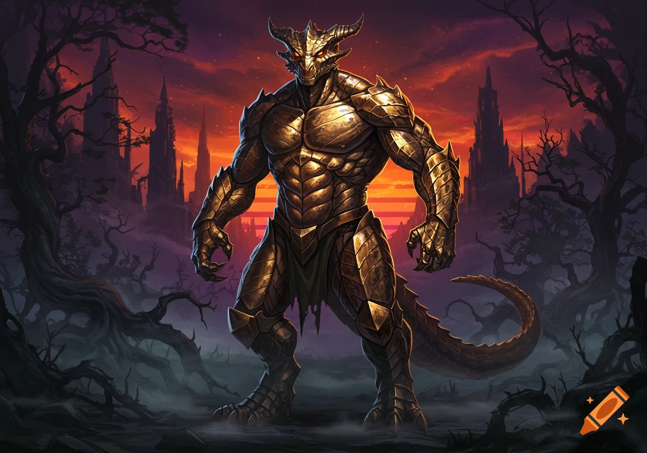 Muscular golden-armored dragonborn stands in a dark fantasy landscape with twisted trees and a castle under a vibrant orange-purple sky.