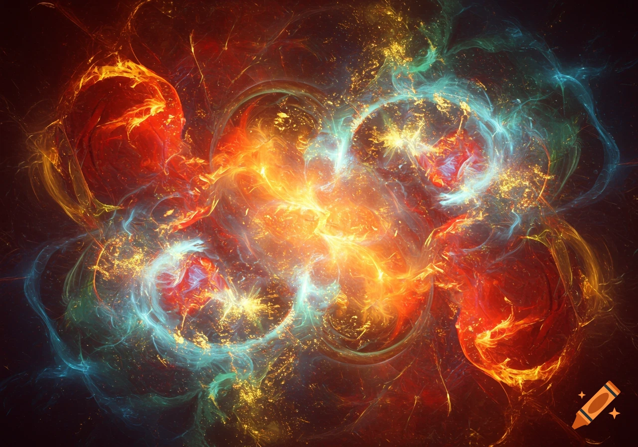 An abstract digital artwork features swirling, glowing red, orange, and blue light resembling a nebula or energy field against a dark background.