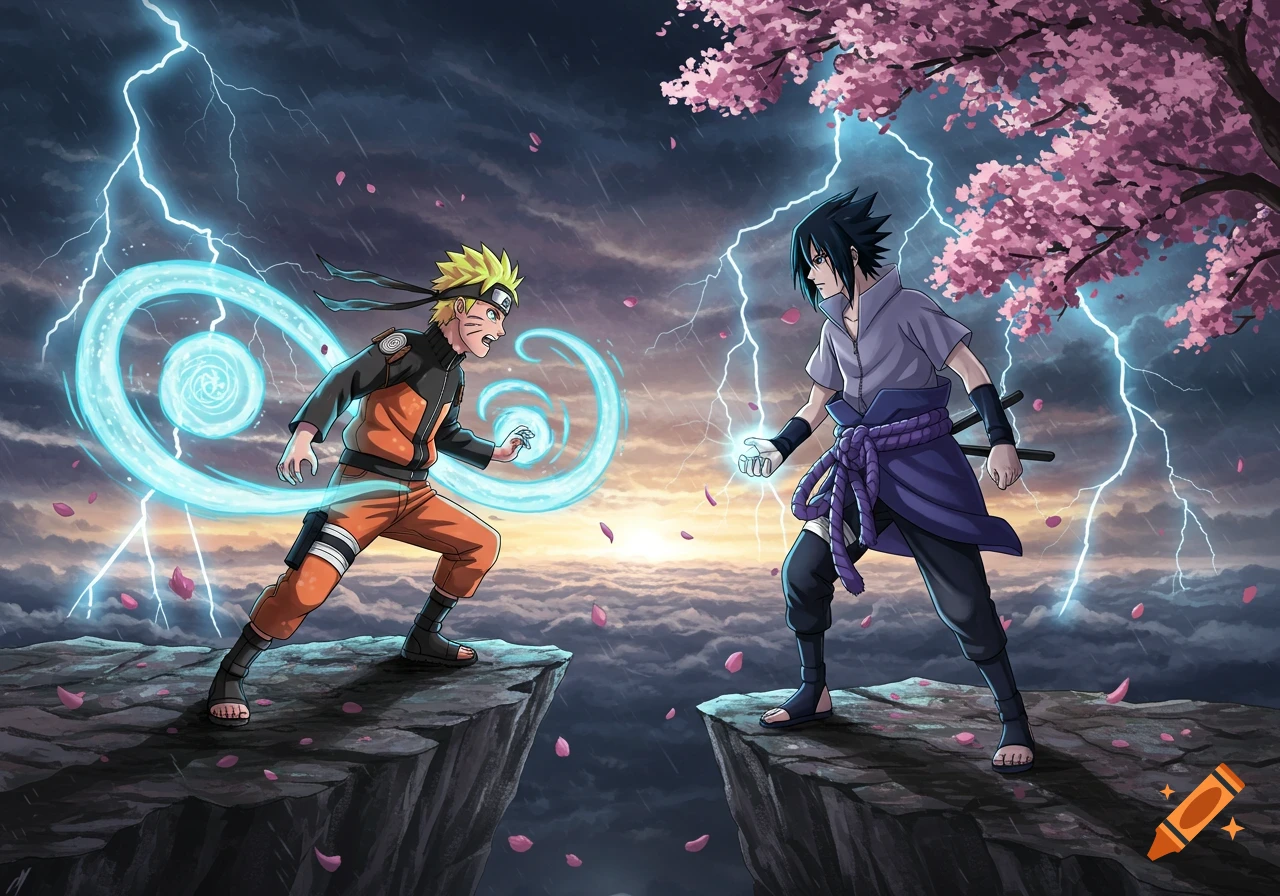 Naruto and Sasuke stand on opposing cliff edges amidst lightning and falling cherry blossoms, preparing to battle in an anime style.