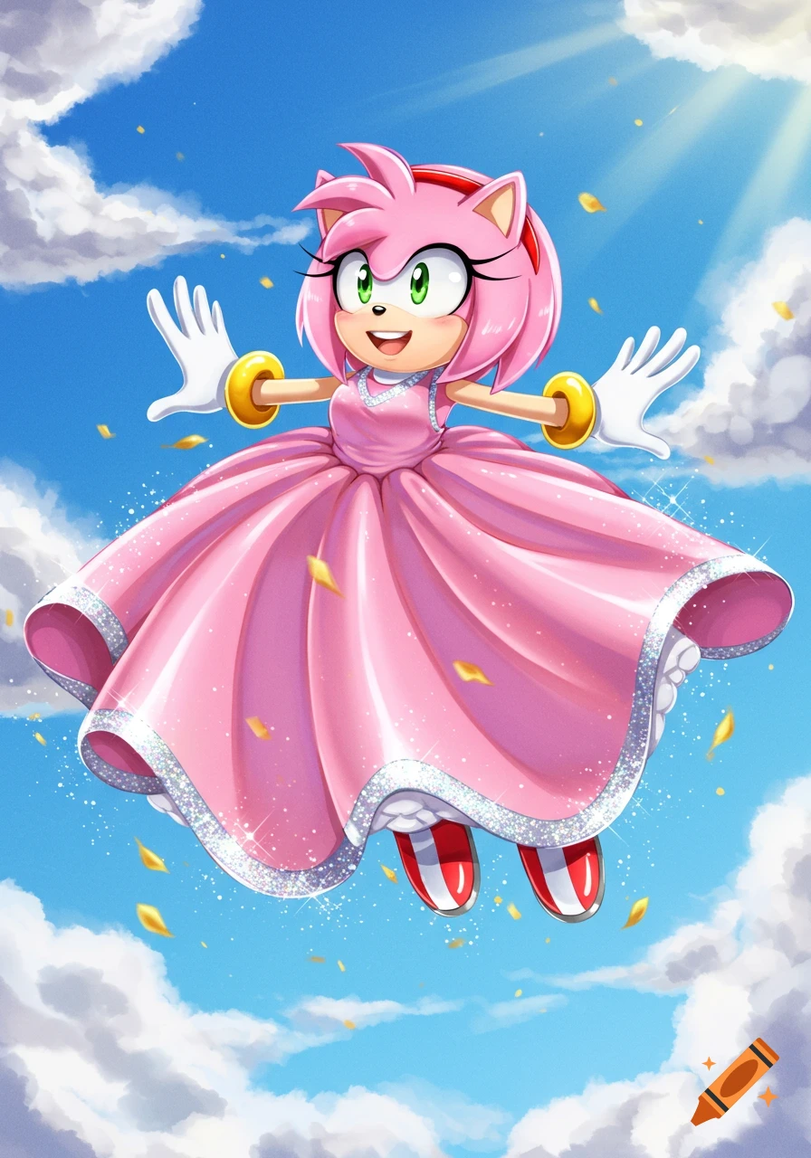 Amy Rose in a sparkling pink princess dress floating in a bright blue sky with clouds and falling golden petals, anime style.