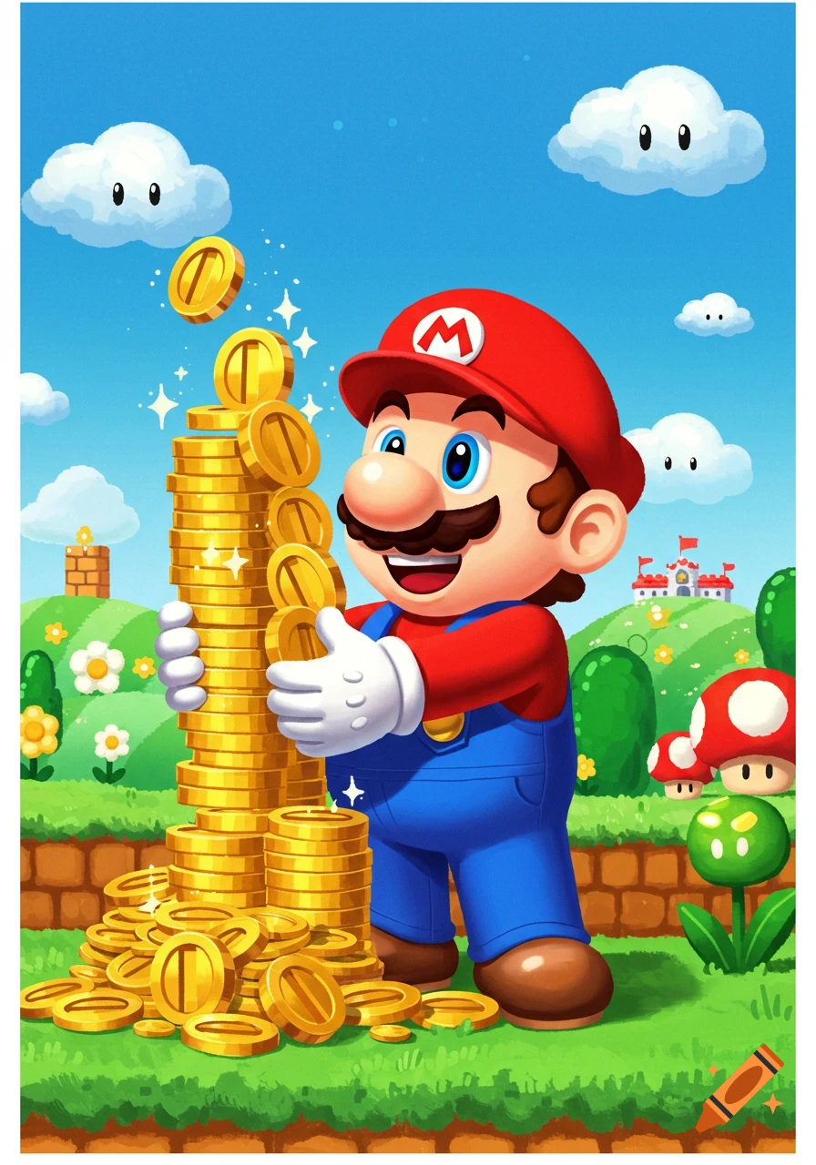 Cartoon Mario holding a tall stack of gold coins, smiling in a vibrant, grassy landscape with clouds, mushrooms, and a distant castle.