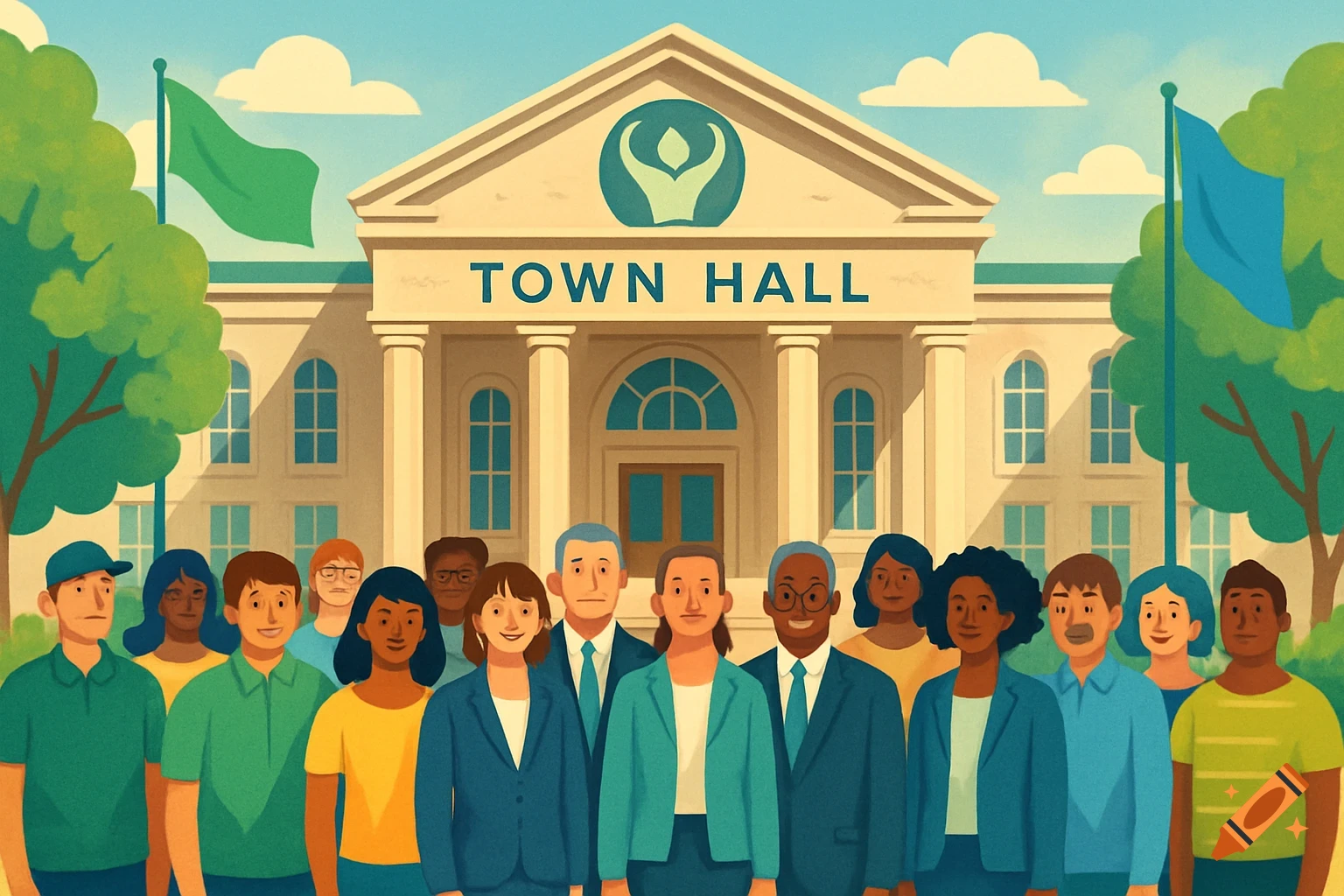 A diverse group of people stand in front of a Town Hall building with green and blue flags, in an illustration.