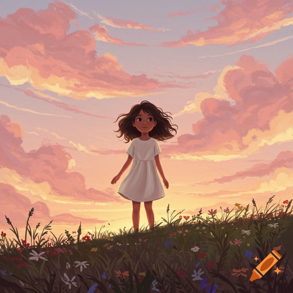 A stylized illustration of a young girl standing in a wildflower field at sunset, looking up at the colorful sky.