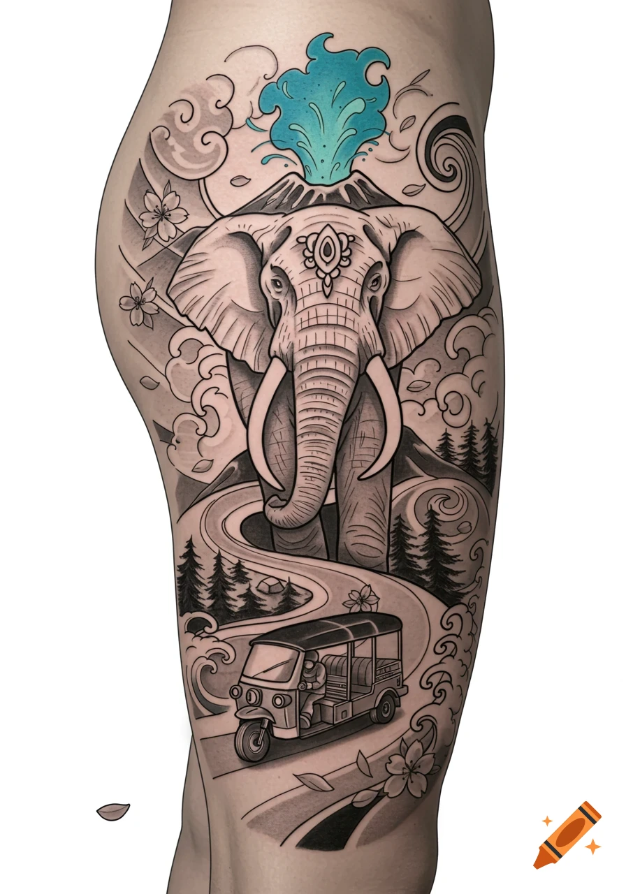 A stylized black and grey tattoo on a leg features an elephant, a volcano with blue fire, a tuktuk on a road, and cherry blossoms.