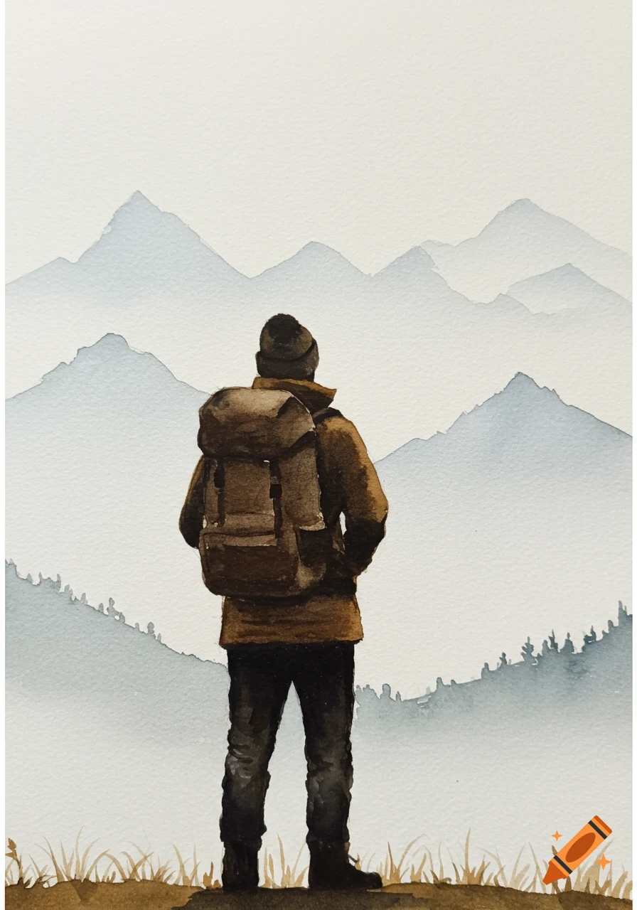 Watercolor painting of a hiker with a backpack and beanie gazing at hazy mountains.