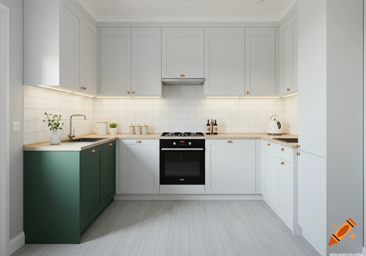 A bright, modern kitchen with light gray upper cabinets, white lower cabinets, a dark green island, and subway tile backsplash.