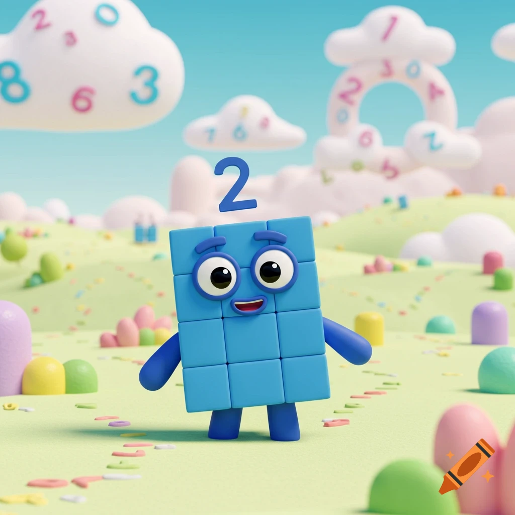 A smiling blue block character, representing the number 2, stands in a vibrant, whimsical landscape with fluffy clouds adorned with numbers.