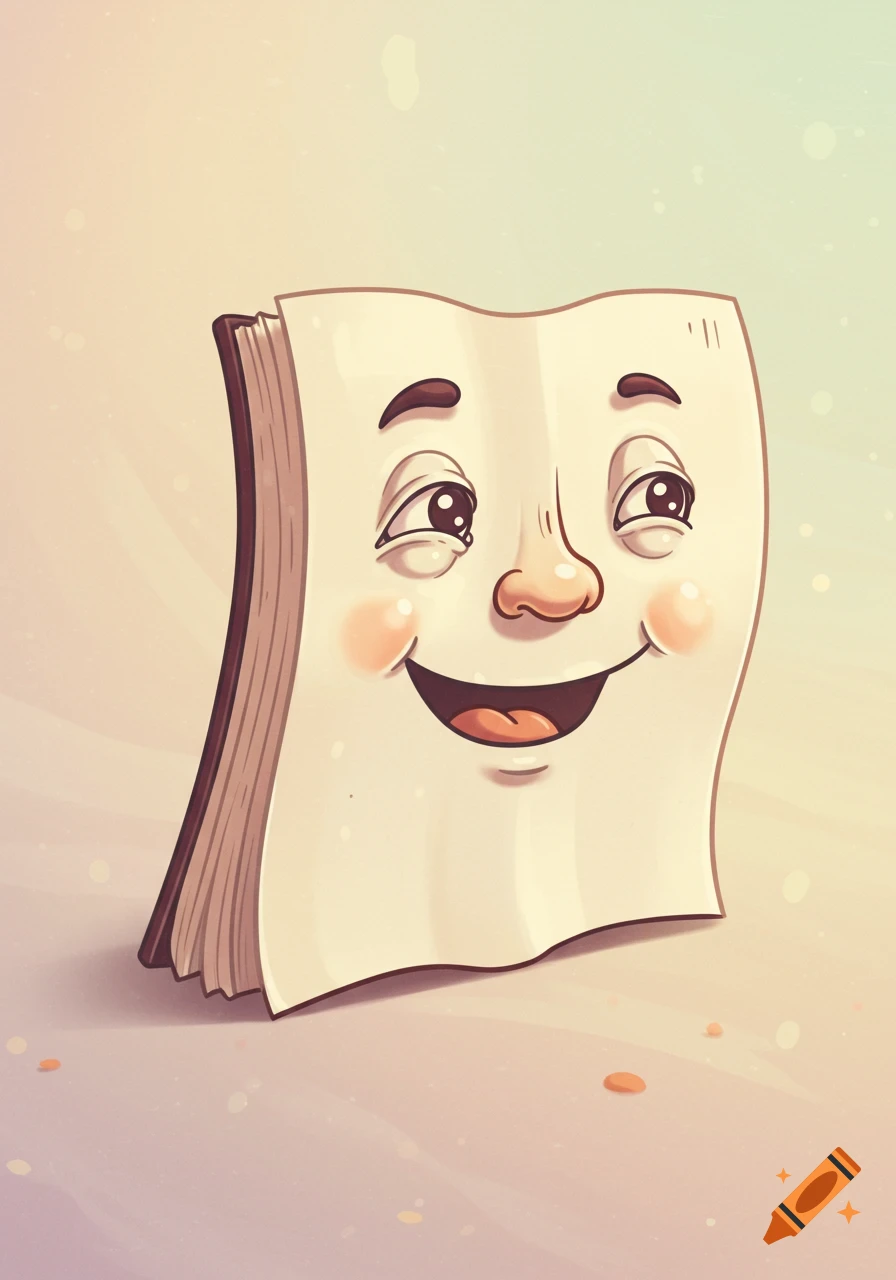 Cartoon illustration of a smiling book page with a friendly face and rosy cheeks, against a soft gradient background.