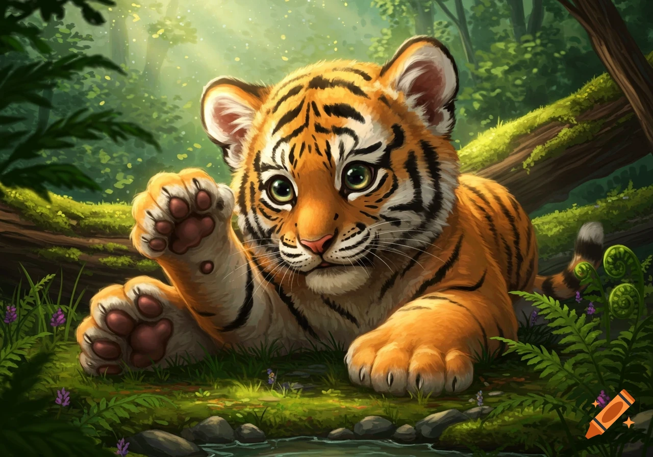 A cute, fluffy baby tiger with large sparkling green eyes and a raised paw lies in a lush green forest, dappled with sunlight.