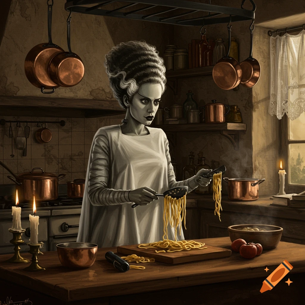 The Bride of Frankenstein stands in a rustic kitchen, carefully pulling spaghetti from a pot with a slotted spoon onto a wooden board, with candles lit on the counter.