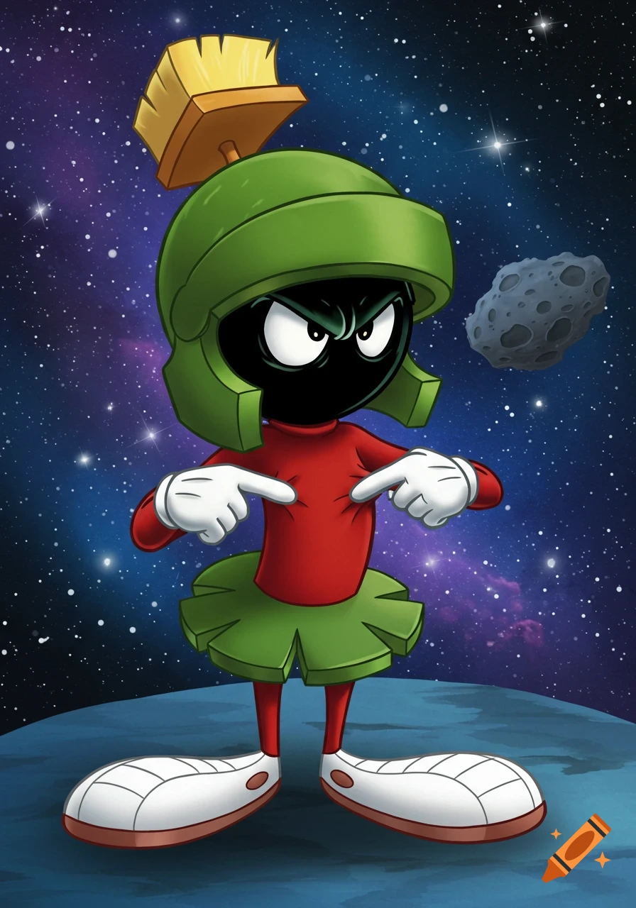 Marvin the Martian, a small alien in a green helmet and red shirt, points at his chest in space with a planetoid nearby.