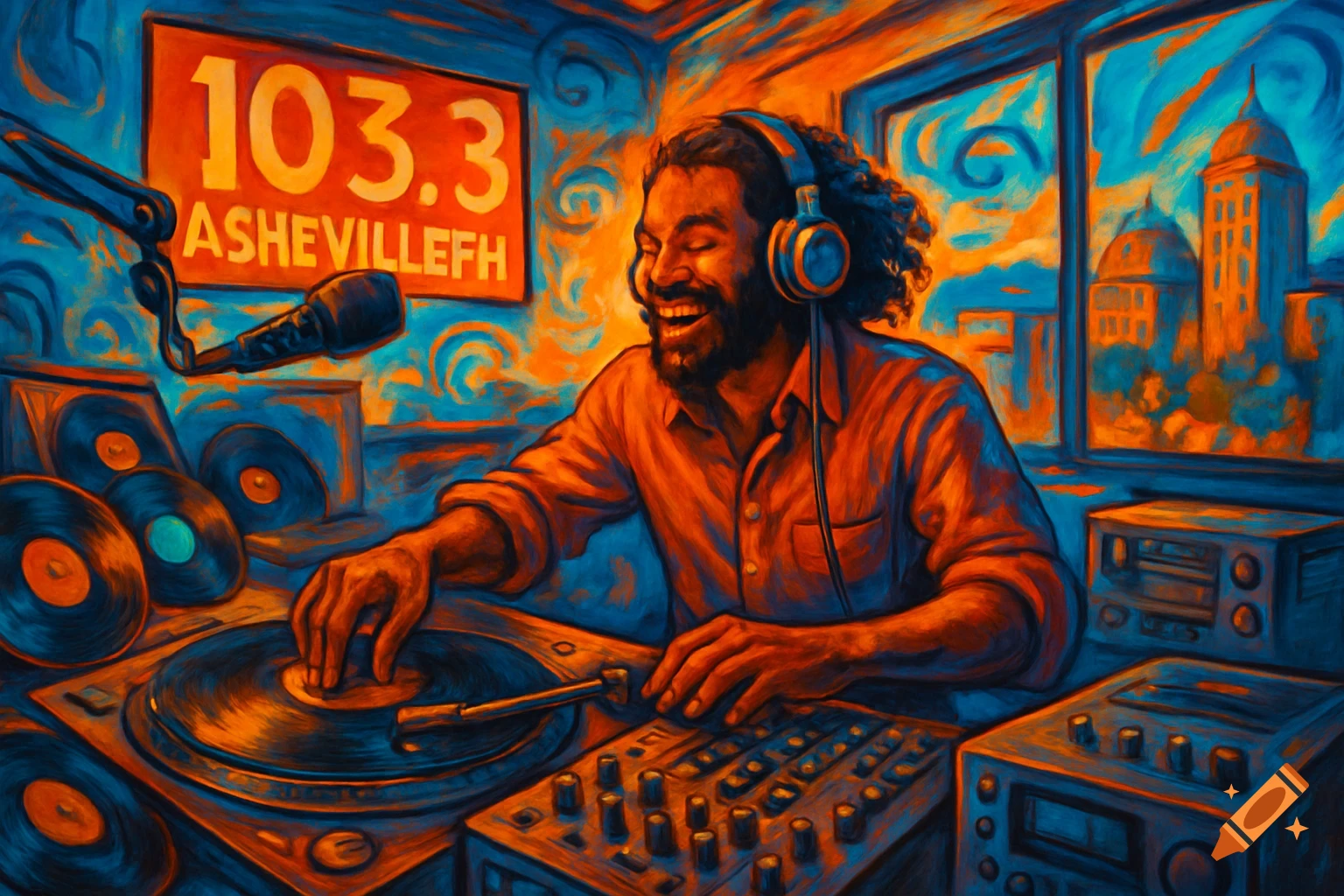 A smiling DJ with headphones mixes records at a radio station, bathed in vibrant orange and blue, in a stylized painting.