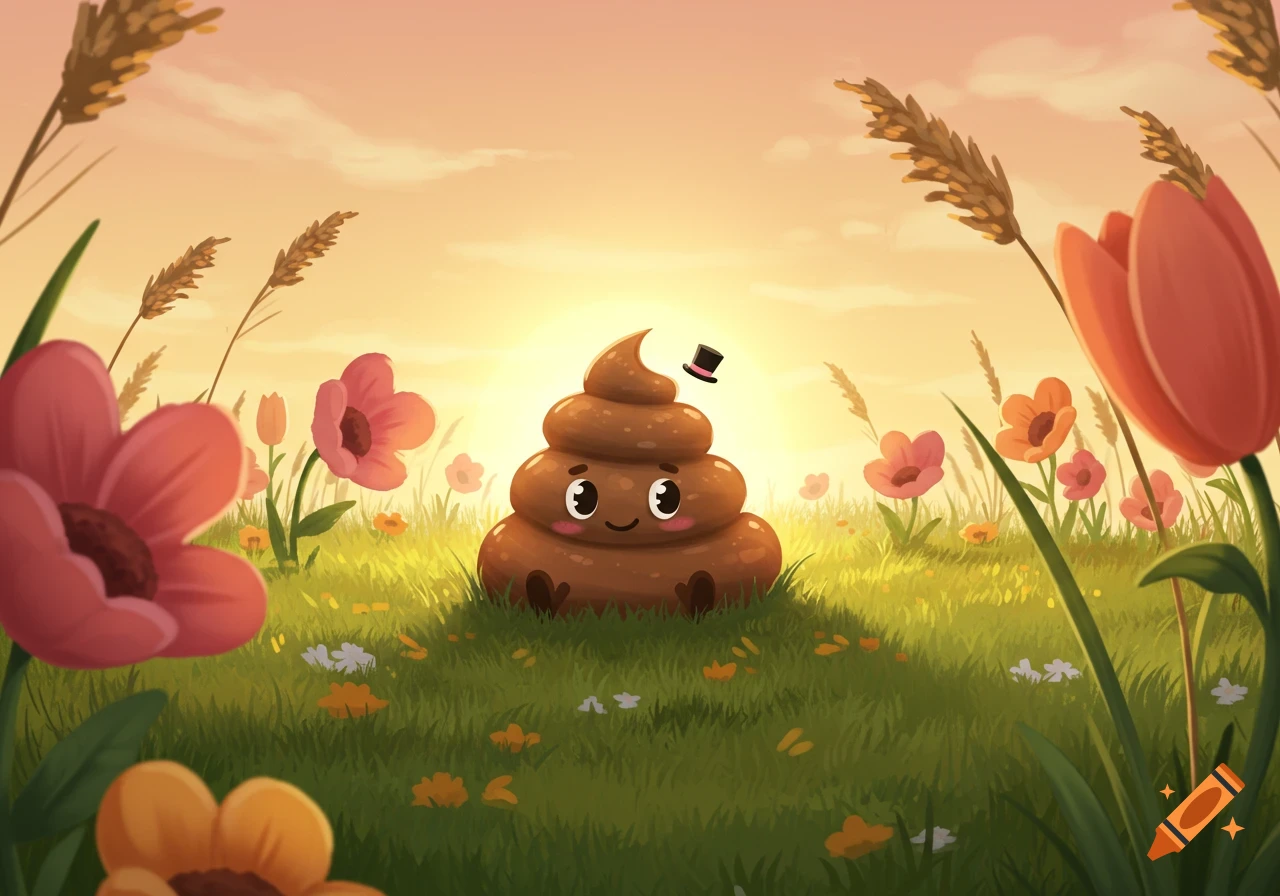 Cute smiling cartoon poop emoji with a top hat in a field of flowers at sunset, illustration.