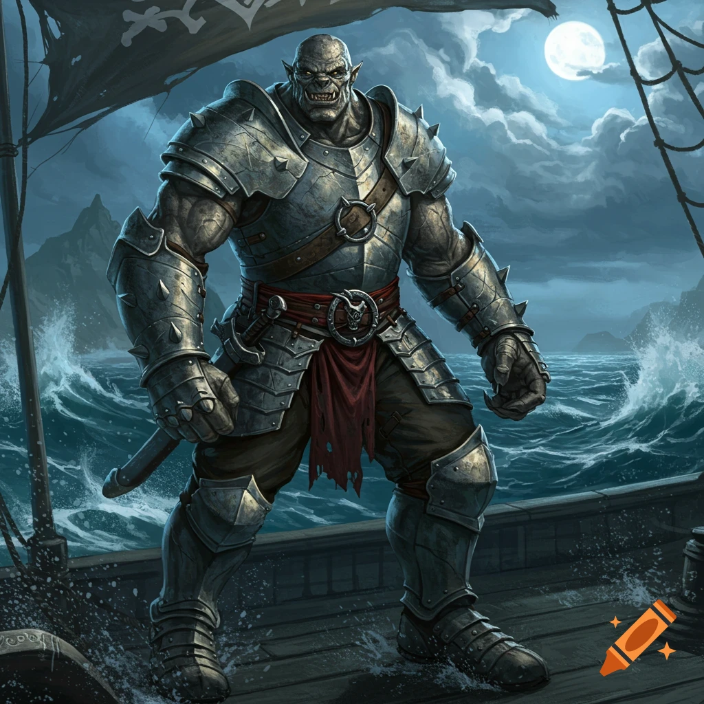 A muscular, grey-skinned orc-like pirate captain in intricate silver armor stands on a ship deck at night, with a full moon and stormy sea in the background.