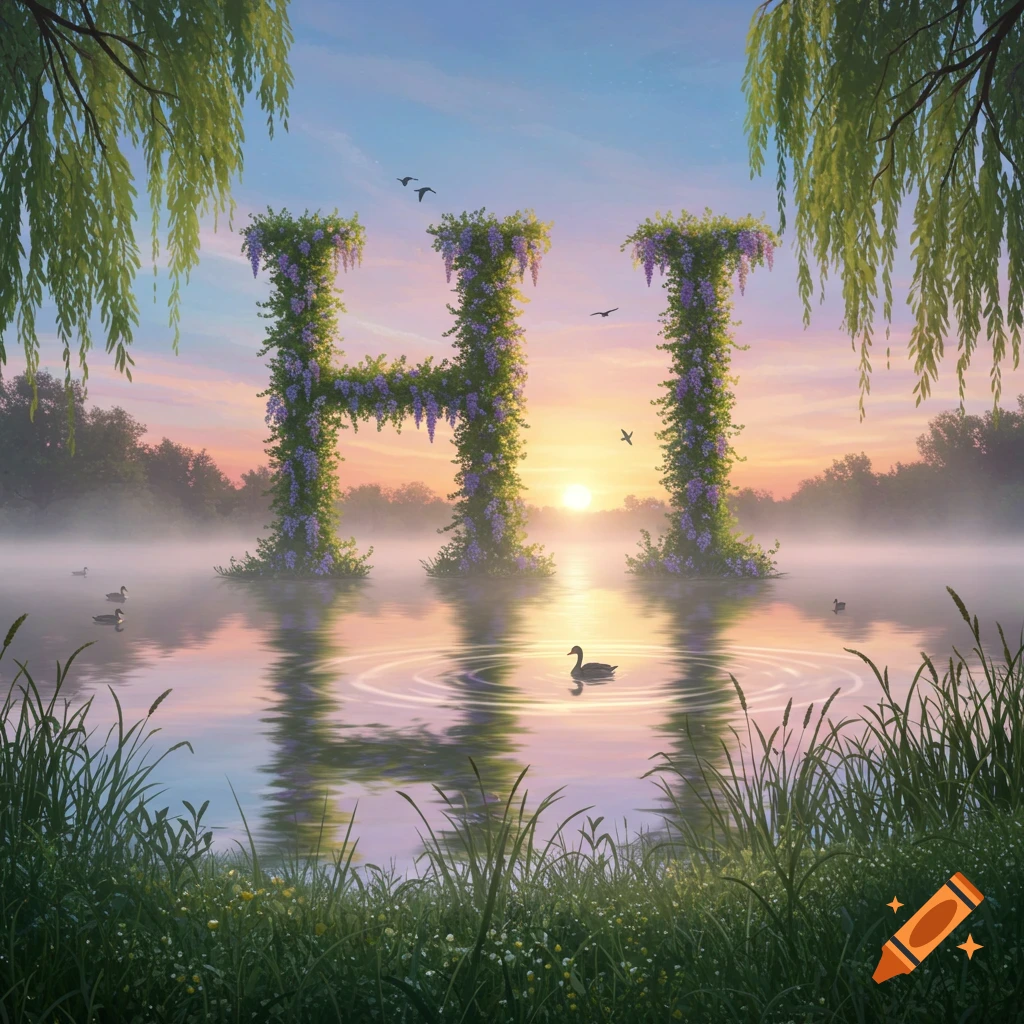 Lush green letters 'HI' covered in purple wisteria rise from a misty lake at sunrise, surrounded by grass and willow trees.