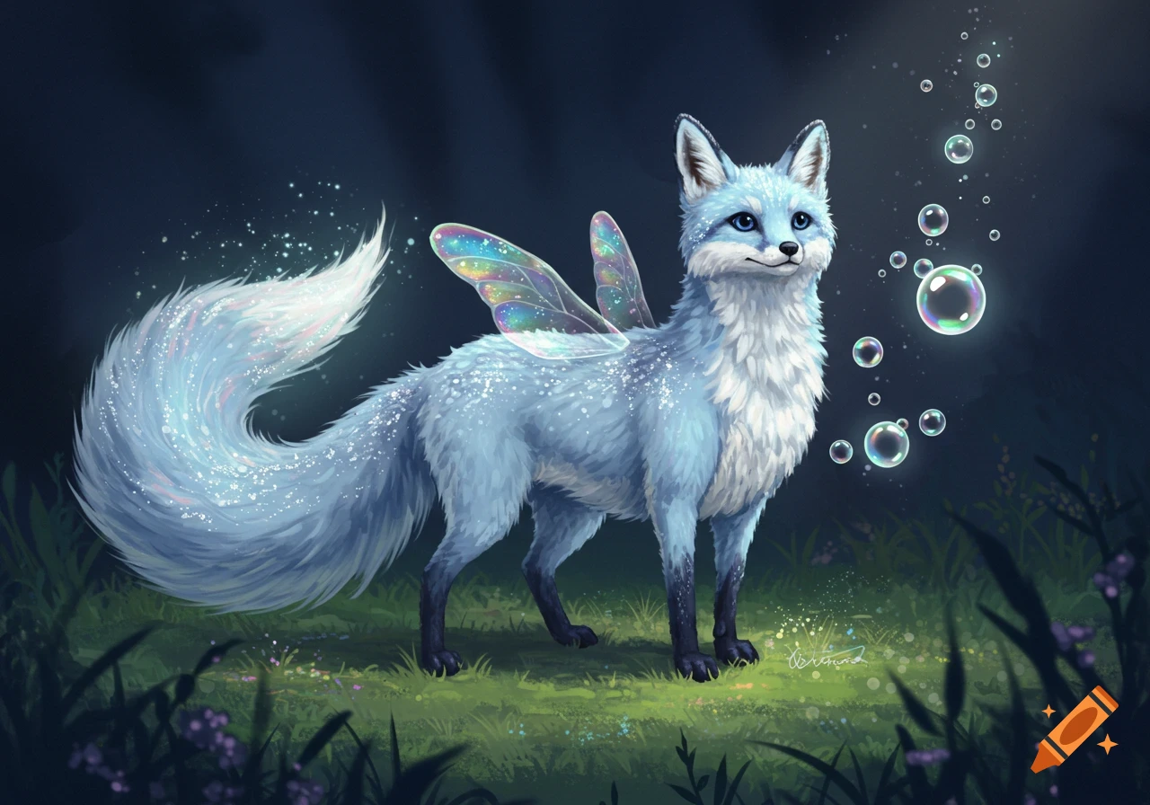 A light blue fox-like creature with iridescent fairy wings and a sparkly tail stands in a dark magical forest, surrounded by glowing bubbles.