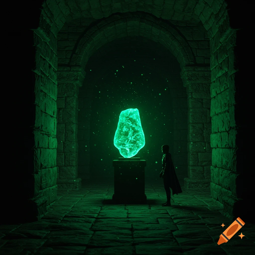 A cloaked figure stands in a dark, ancient stone corridor, gazing at a large, glowing green stone on a pedestal.