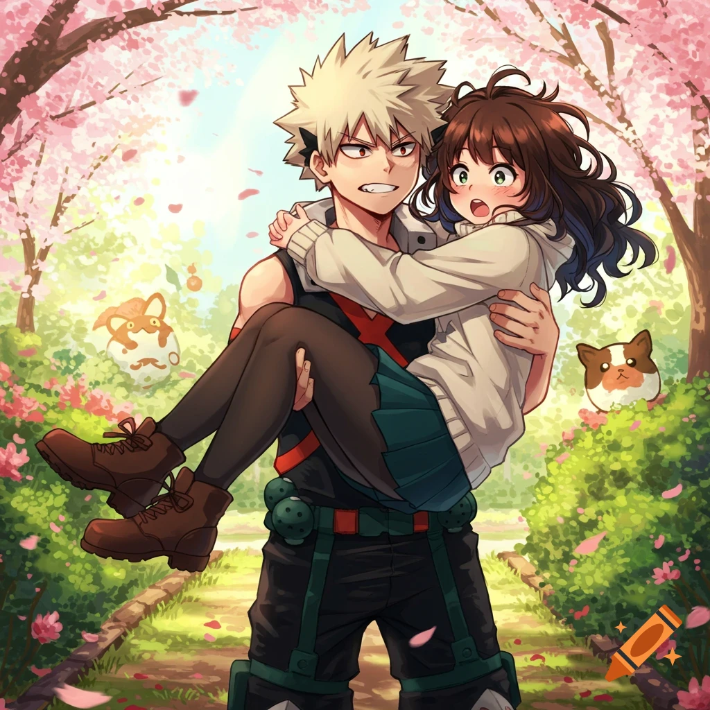 Anime style illustration of Bakugo carrying a girl with brown curly hair through a cherry blossom park with cute creatures.