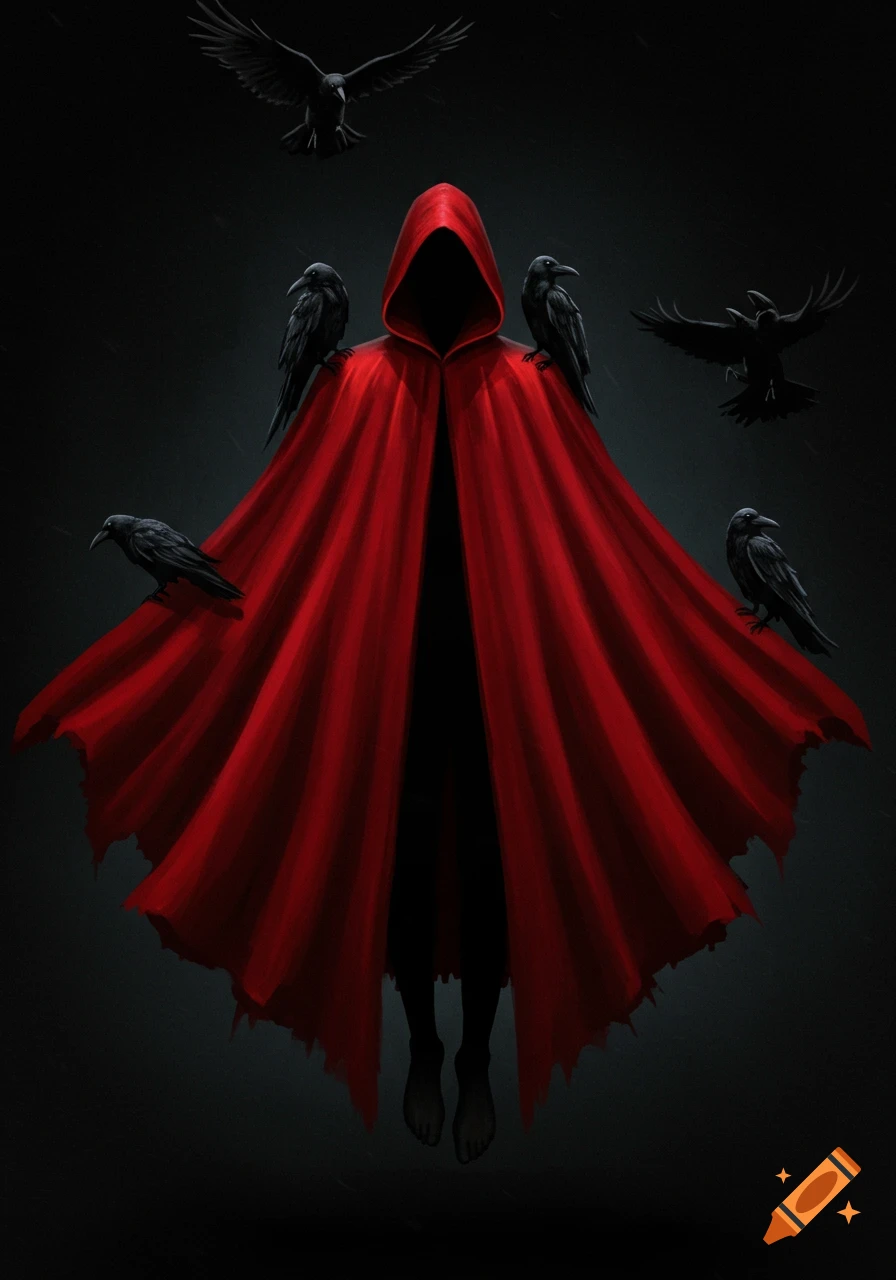 A dark hooded figure in a flowing red cape surrounded by crows, with bare feet floating in the air.