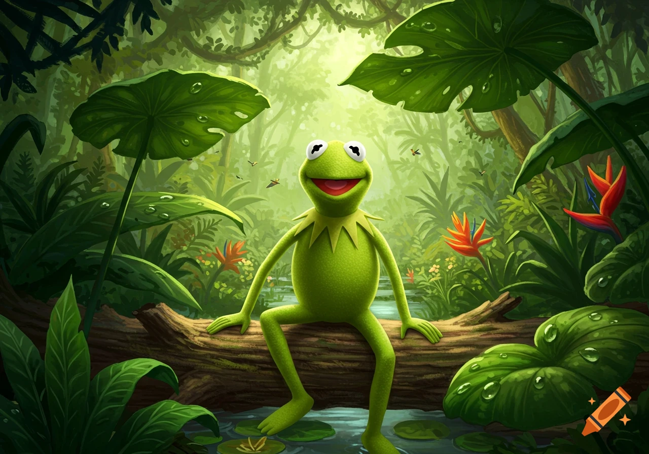 Kermit the Frog sits on a log in a lush, verdant jungle with large green leaves and colorful tropical flowers.