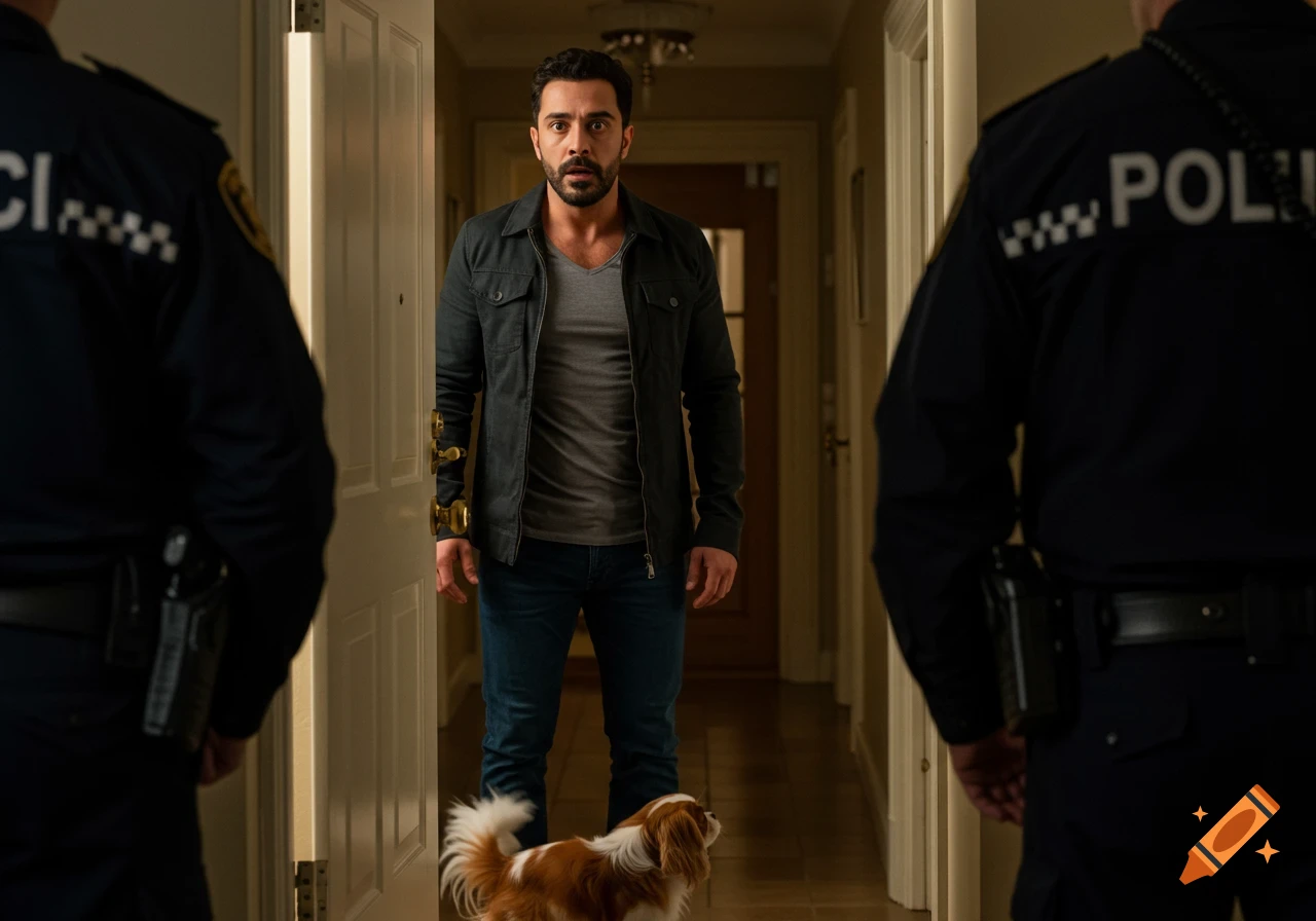 A surprised man and his Cavalier King Spaniel face two police officers in a hallway, photorealistic.