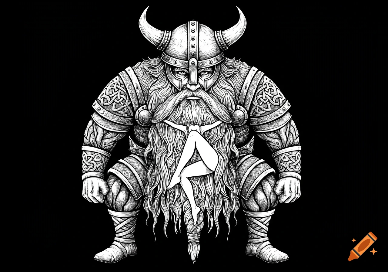 A black and white drawing of a Viking man in armor, forming an optical illusion where his beard transforms into a woman's legs.