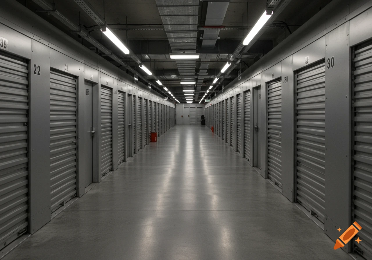 A long, brightly lit corridor in a self-storage facility, with rows of numbered grey metal doors on both sides. Photorealistic.