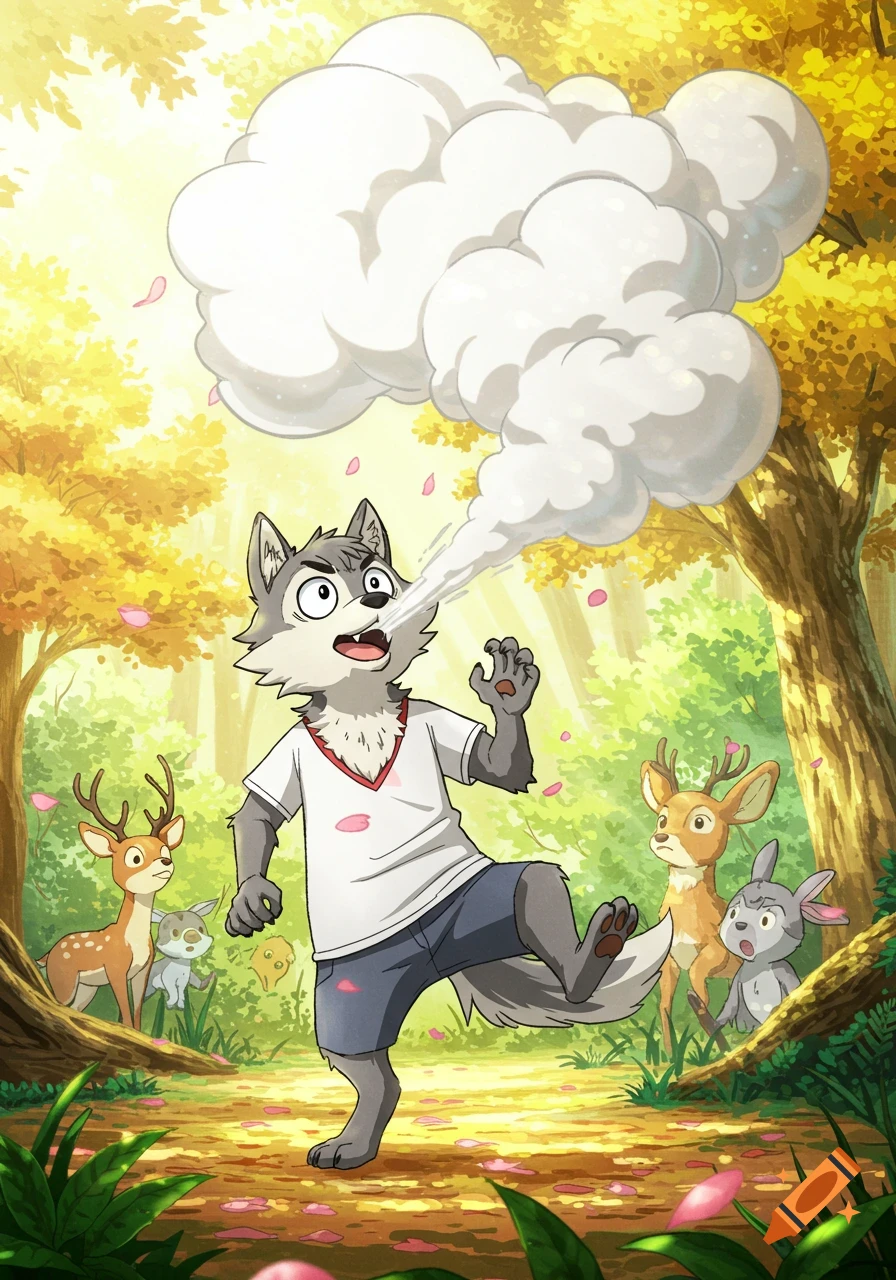 Anime wolf character farts a large white gas cloud in a sunlit forest, surprising two deer and two rabbits.