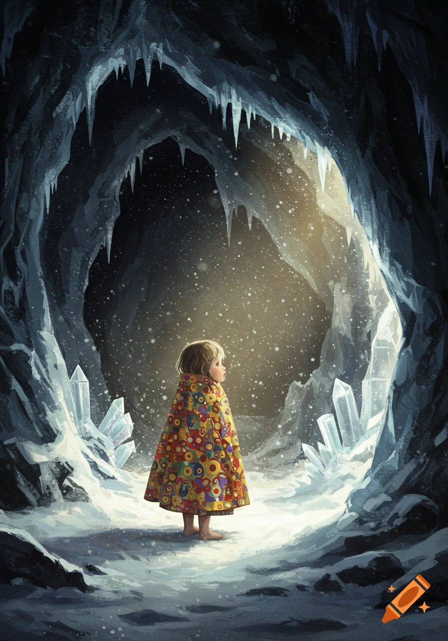 A child in a colorful, patterned cloak stands barefoot in a snowy, icy cave, looking towards a bright light. Illustration.