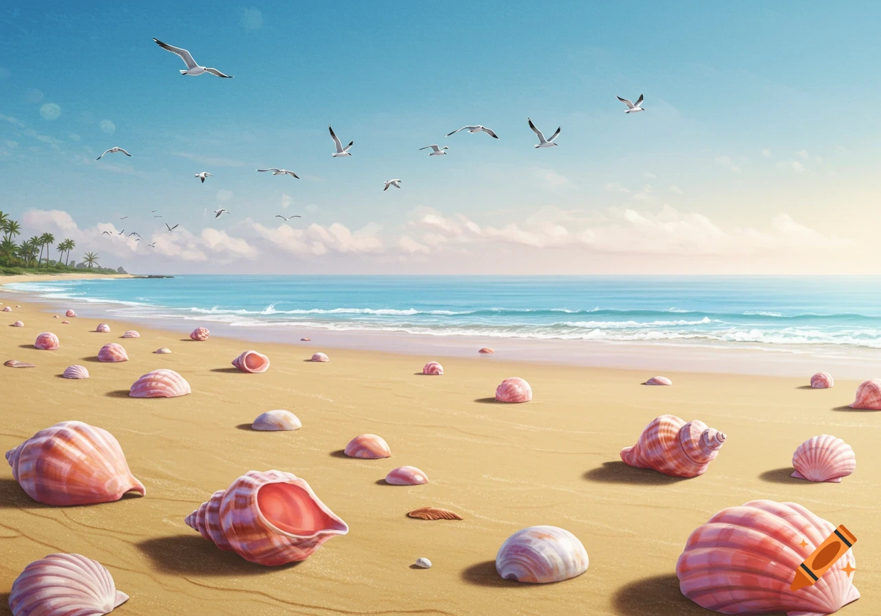 A serene beach scene with pink and white seashells scattered on the sand, waves, and seagulls flying under a blue sky.