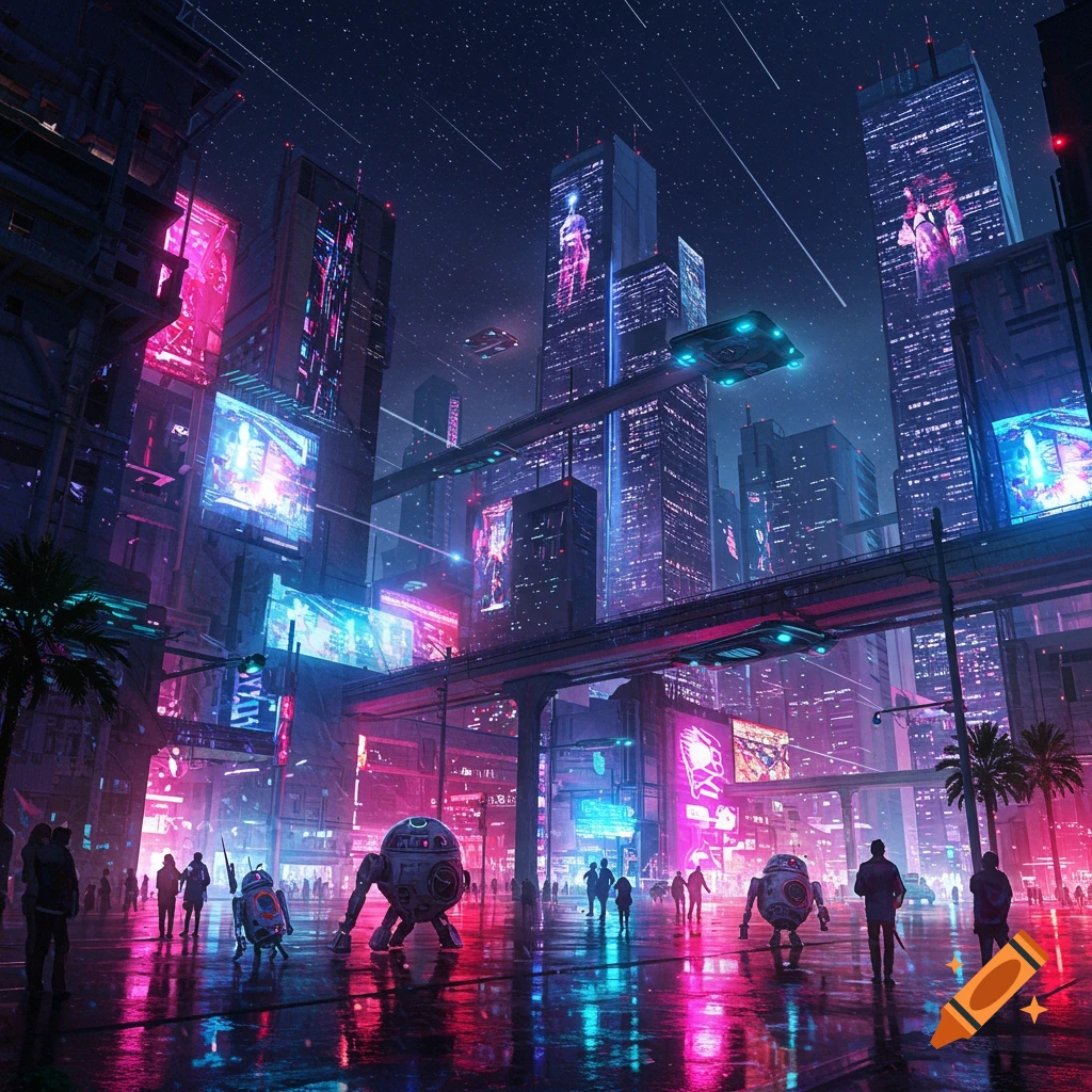 A vibrant futuristic neon city at night with towering buildings, flying vehicles, robots, and pedestrians on wet streets reflecting pink and blue lights.