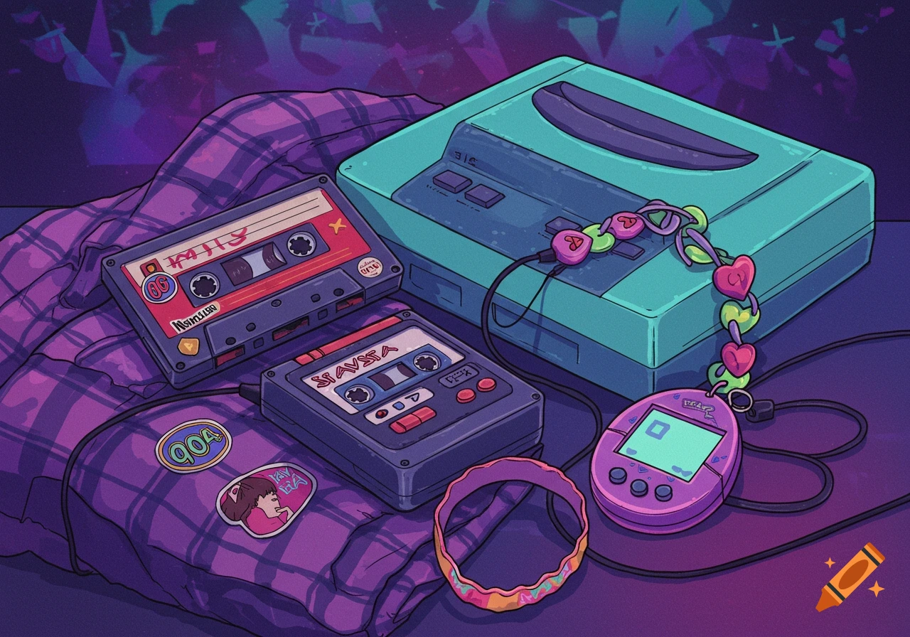 Colorful cartoon illustration of 90s nostalgia items: cassette tapes, a teal game console, a purple Tamagotchi, and a plaid shirt.