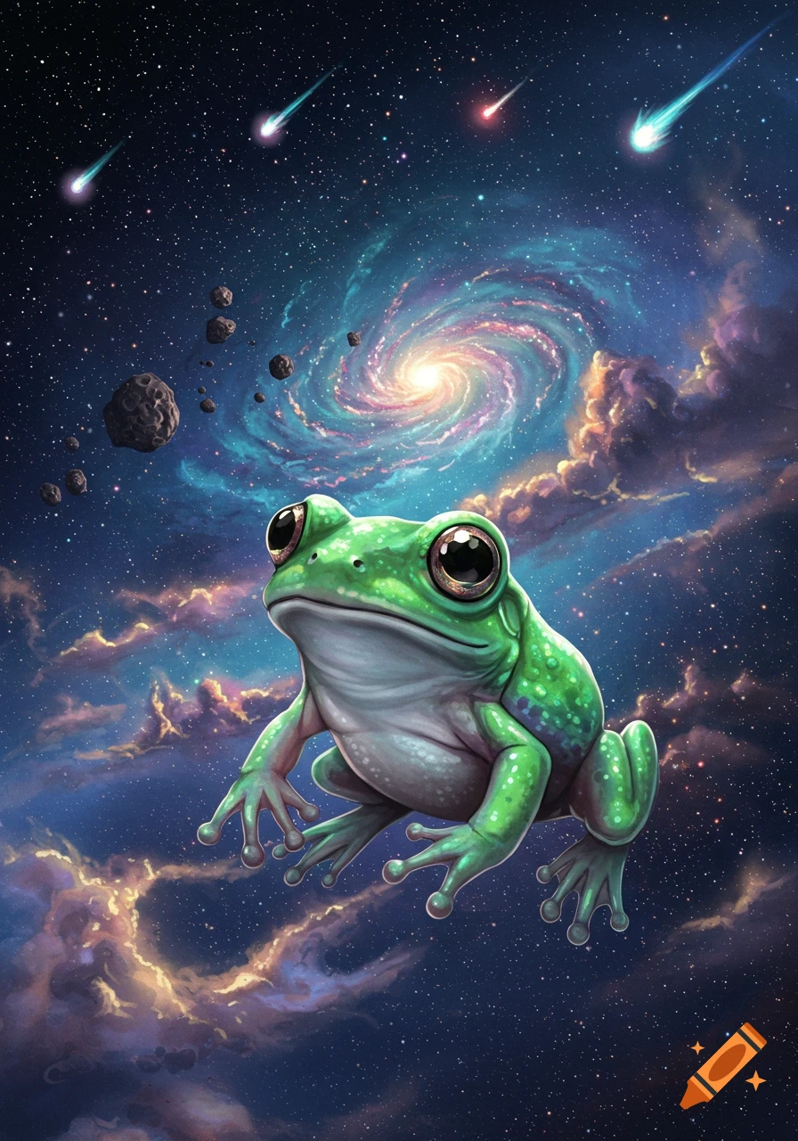 A vibrant green frog with large eyes floats in space, surrounded by a luminous spiral galaxy, asteroids, and colorful meteors.