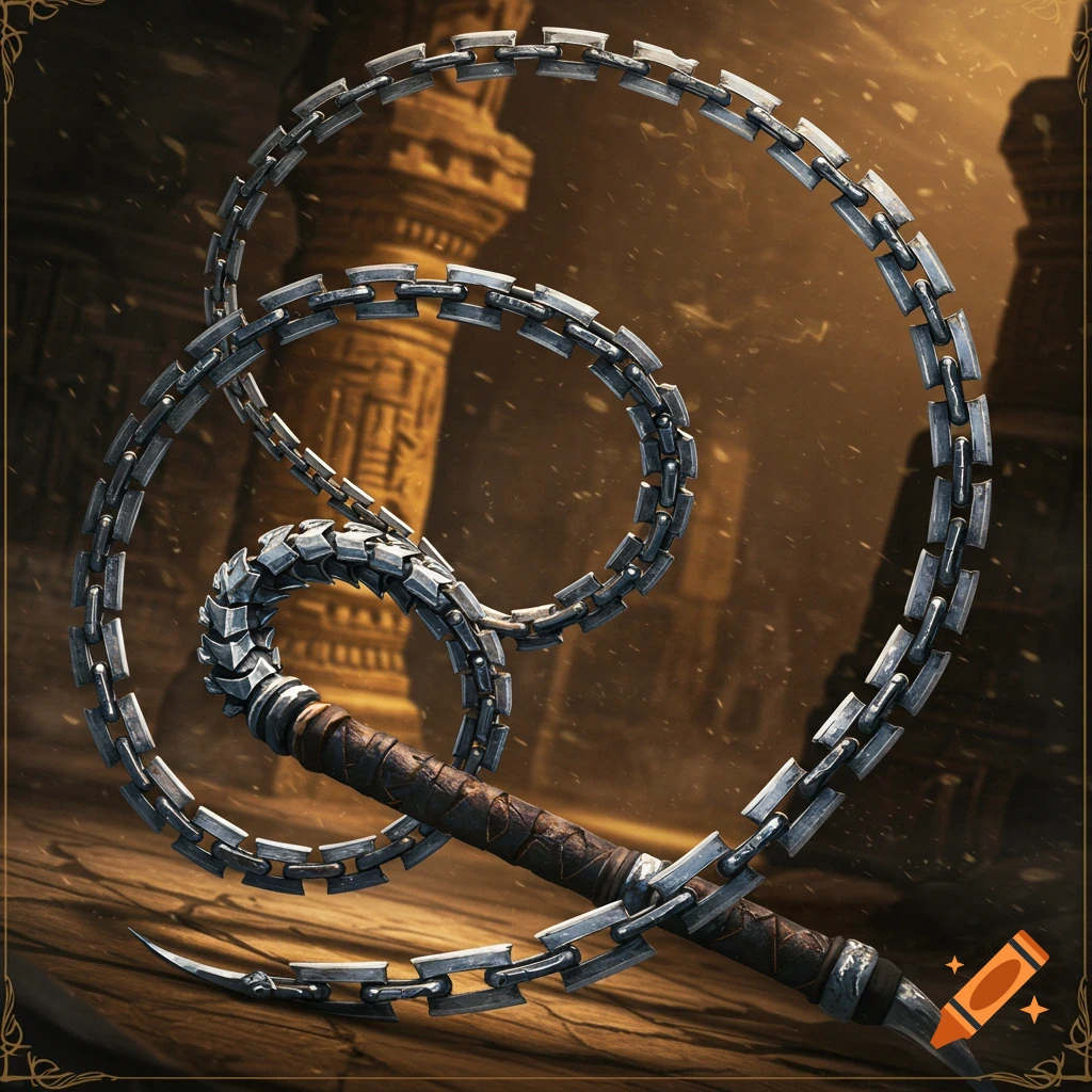 A sharp, intricate razor chain whip with a dark handle, coiled on stone in ancient ruins, fantasy art style.
