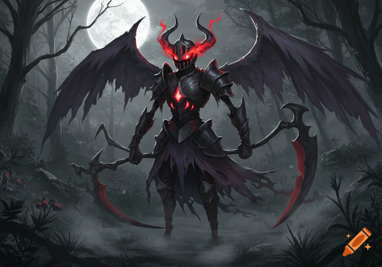 A dark, horned knight with glowing red eyes and horns, large wings, and two scythes, stands in a misty, moonlit forest.