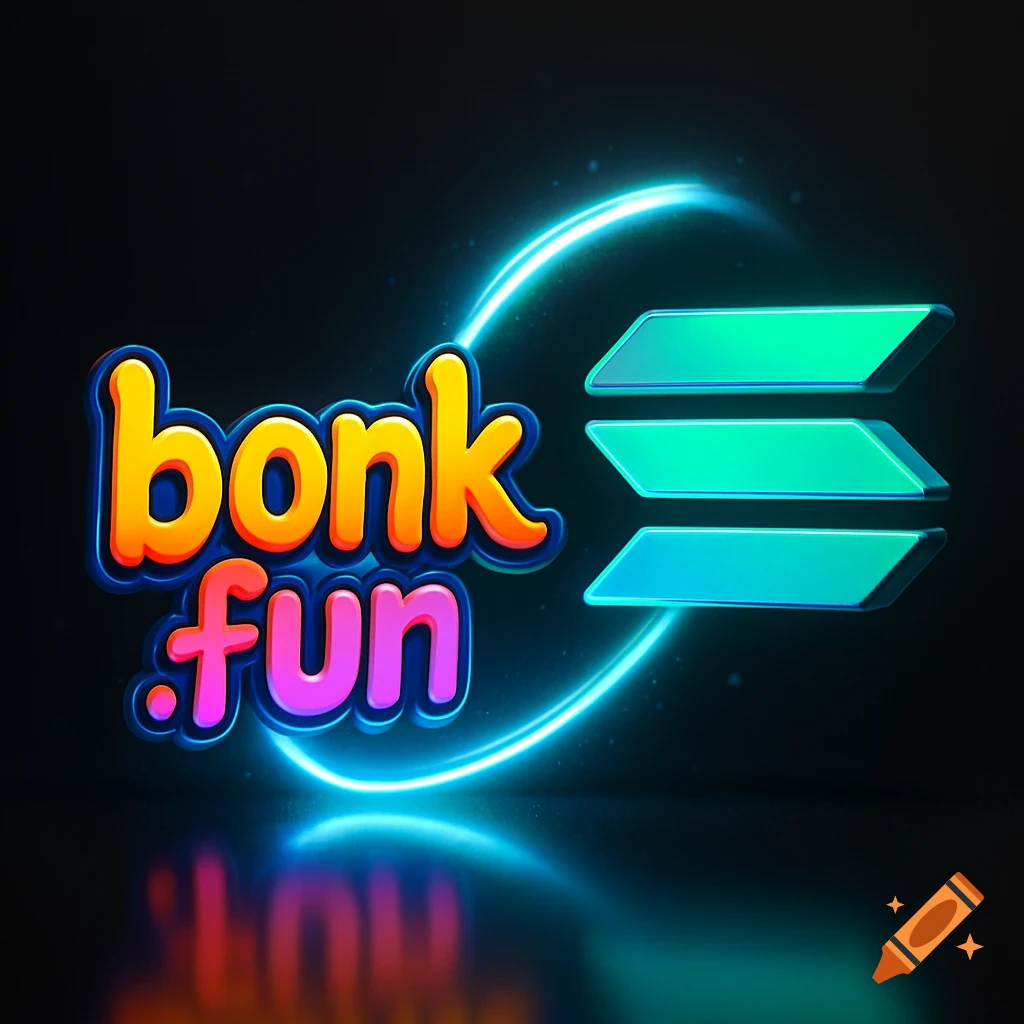 Vibrant 'bonk.fun' logo with the Solana logo, surrounded by a glowing neon ring and reflections on a dark surface.