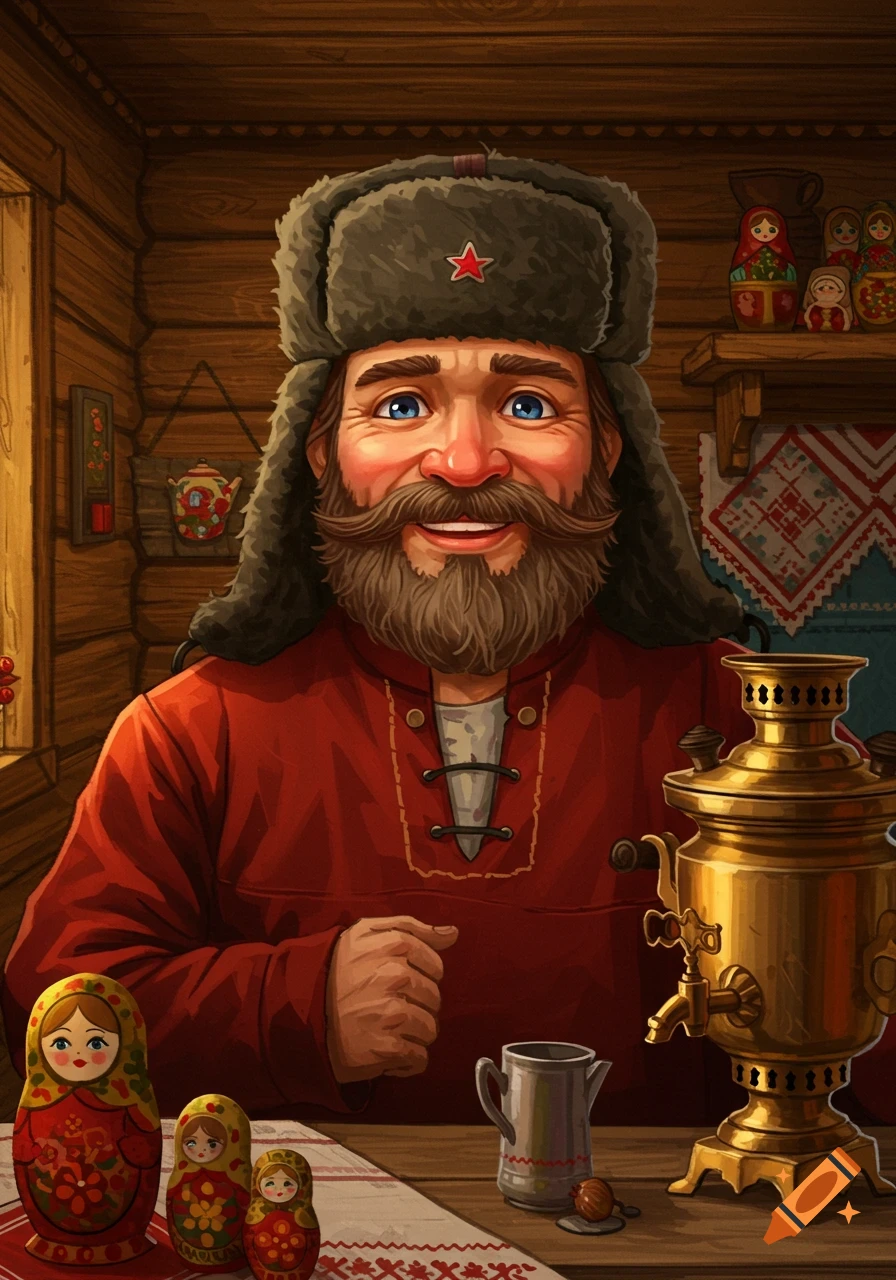 A smiling, bearded Russian man in a fur hat and red shirt, surrounded by matryoshka dolls and a samovar in a wooden room.