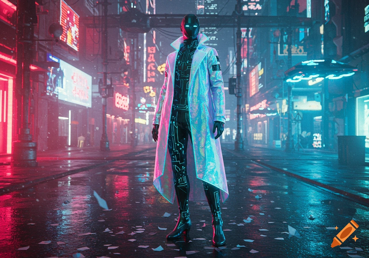 A masked figure in an iridescent coat and circuit-patterned suit stands in a neon-lit cyberpunk city street.