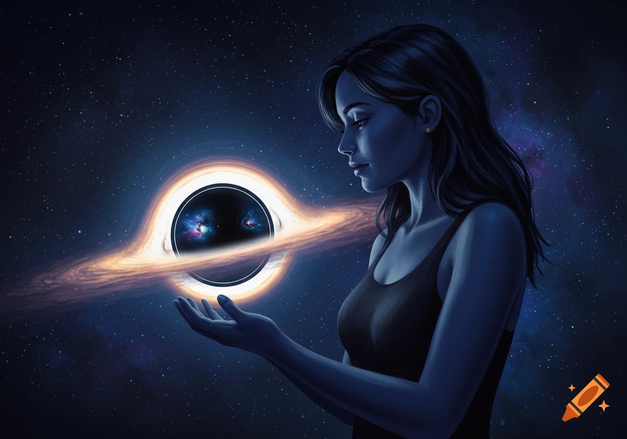 A woman with dark hair holds a glowing black hole filled with nebulae and galaxies in deep space, digital art.