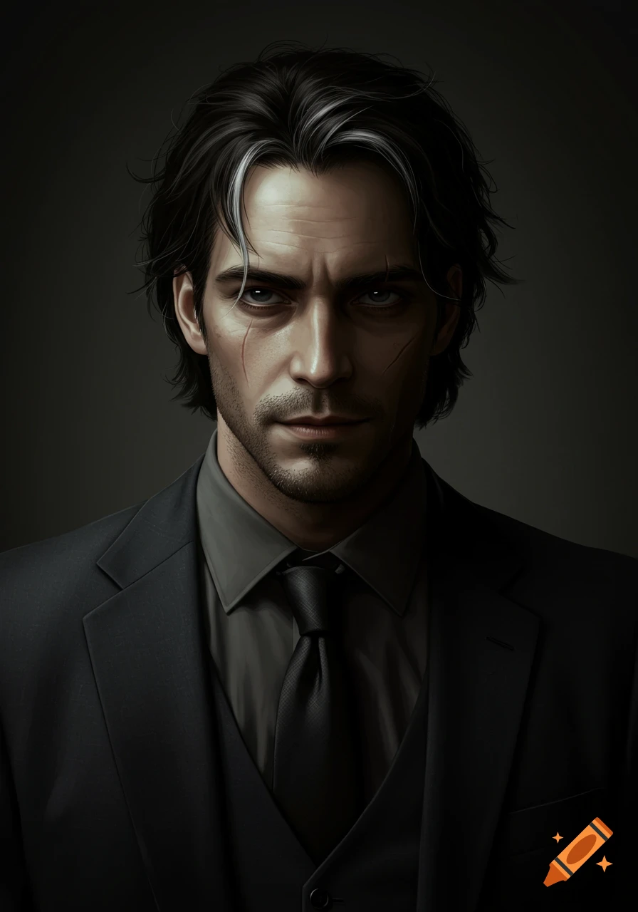 Photorealistic portrait of a serious man with dark hair, a silver streak, and face scars, wearing a dark suit.