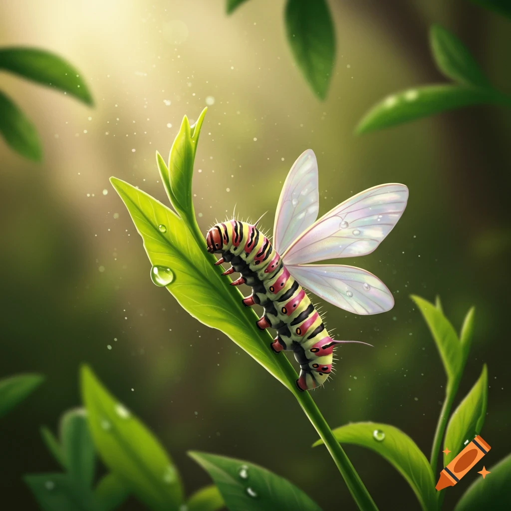 A colorful caterpillar with translucent moth wings rests on a vibrant green leaf with water droplets, in a sun-dappled forest.