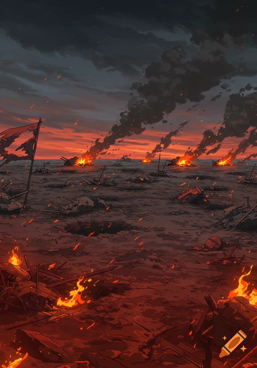 Anime style battlefield at sunset with burning tanks, craters, debris, and a tattered flag under a fiery sky.