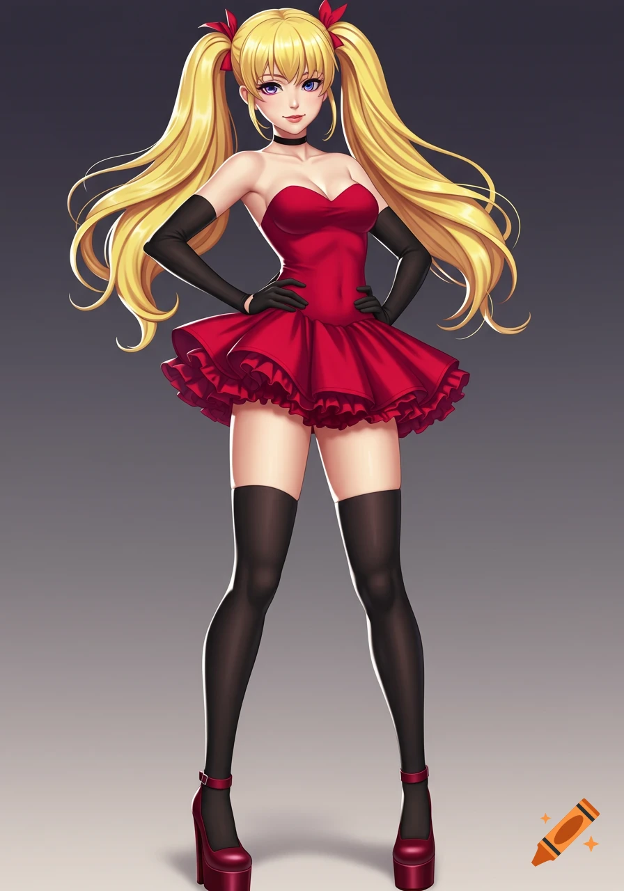 An anime girl with long blonde twin-tail hair wears a red mini-dress, black gloves, thigh-highs, and burgundy platform heels, striking a pose.