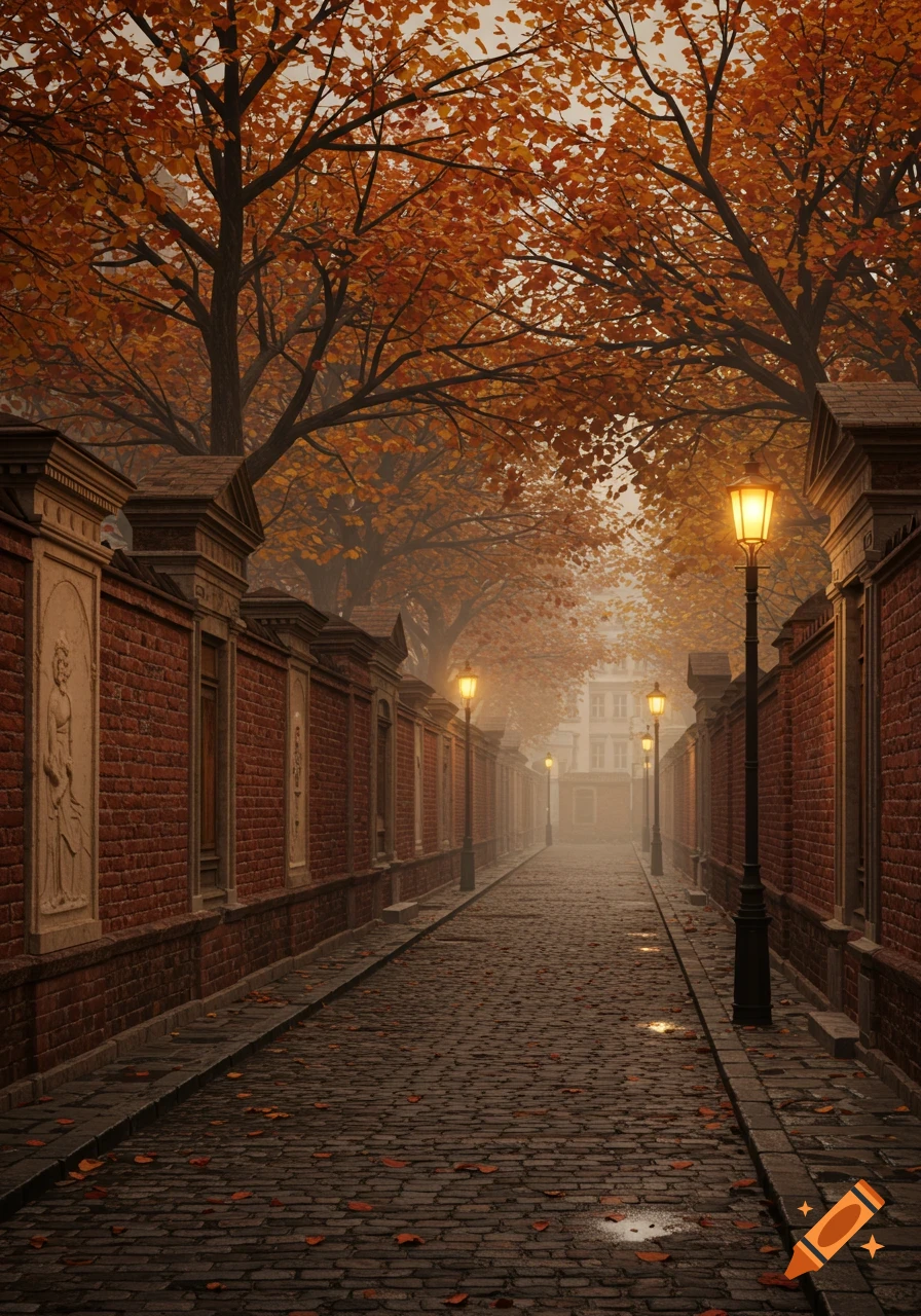 Narrow cobblestone street with red brick walls, glowing street lamps, and autumn leaves under a foggy, orange-leafed canopy.