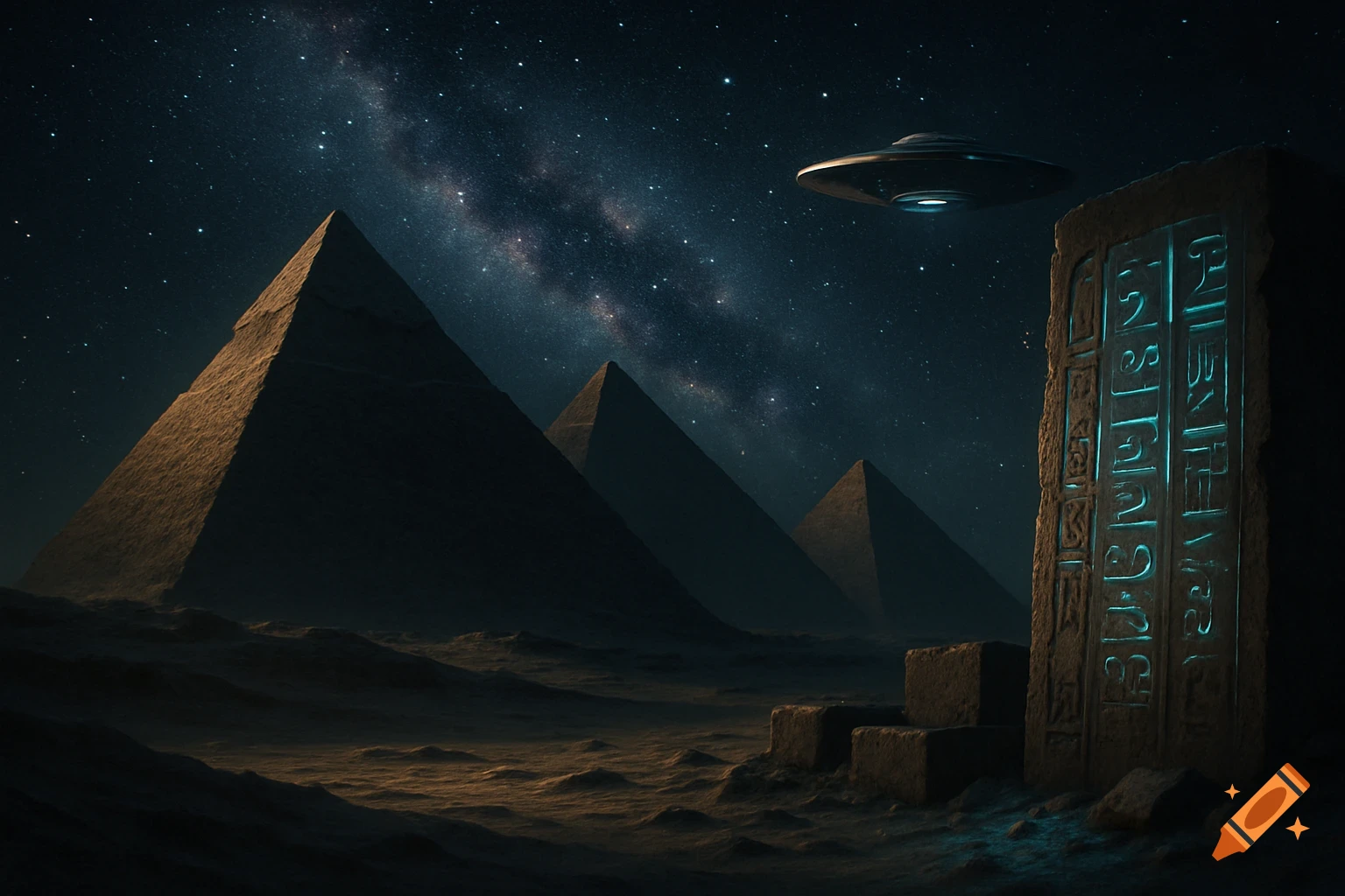 Pyramids under a starry night sky with a UFO above a glowing hieroglyphic stone monolith in a desert landscape.